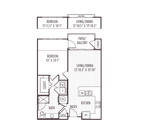Floor plan for 1 bed, 1 bath, 731 sqft
